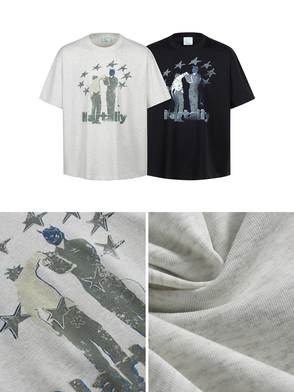 Nartaliy  Portrait Digital Print T-shirt- Light Gray