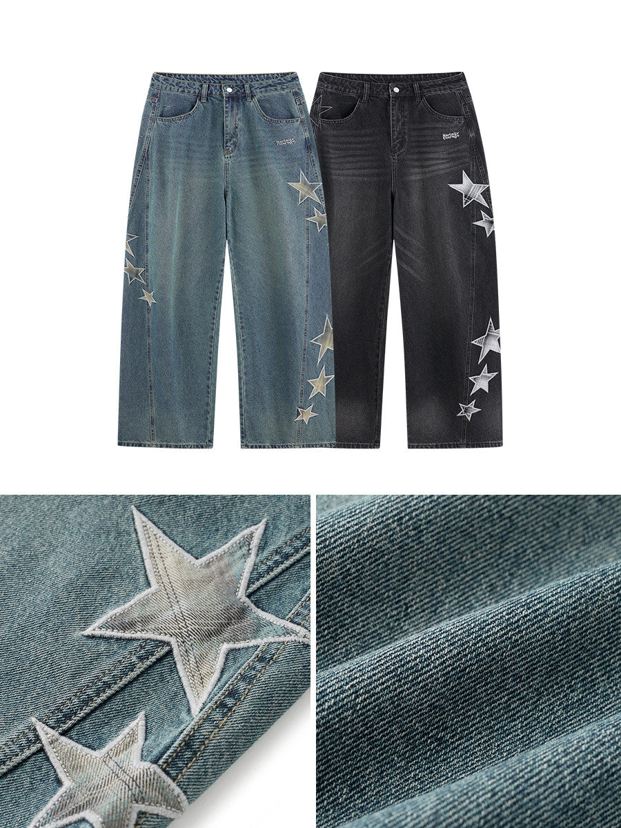 Star Patch Vintage Washed Jeans - Blue