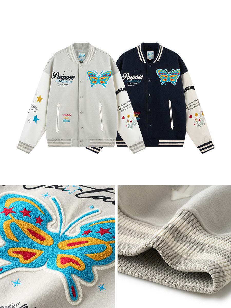 Nartaliy Butterfly Floral Embroidery Baseball Jacket - Gray