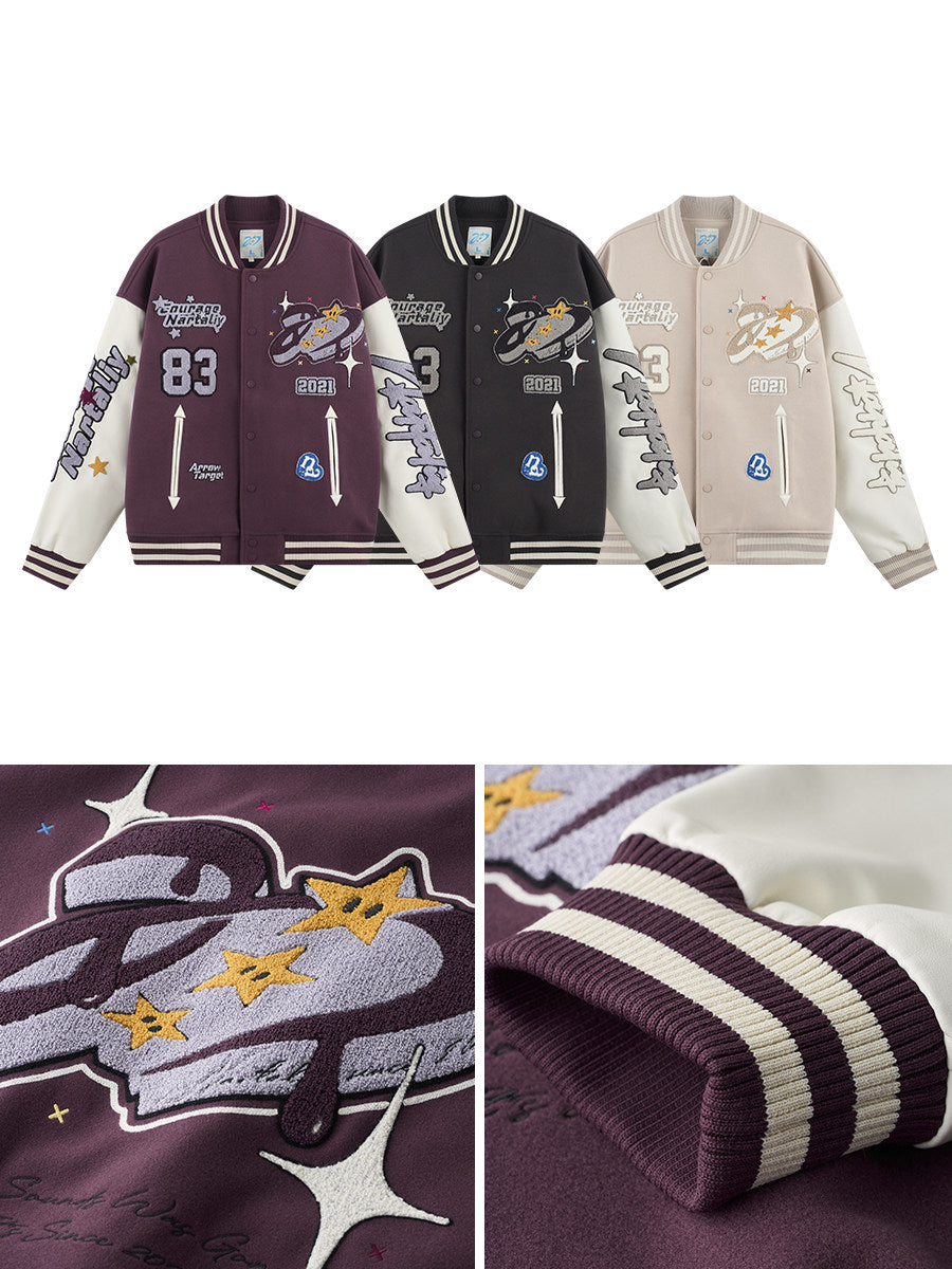 PU Embroidery Baseball Jacket - Purple