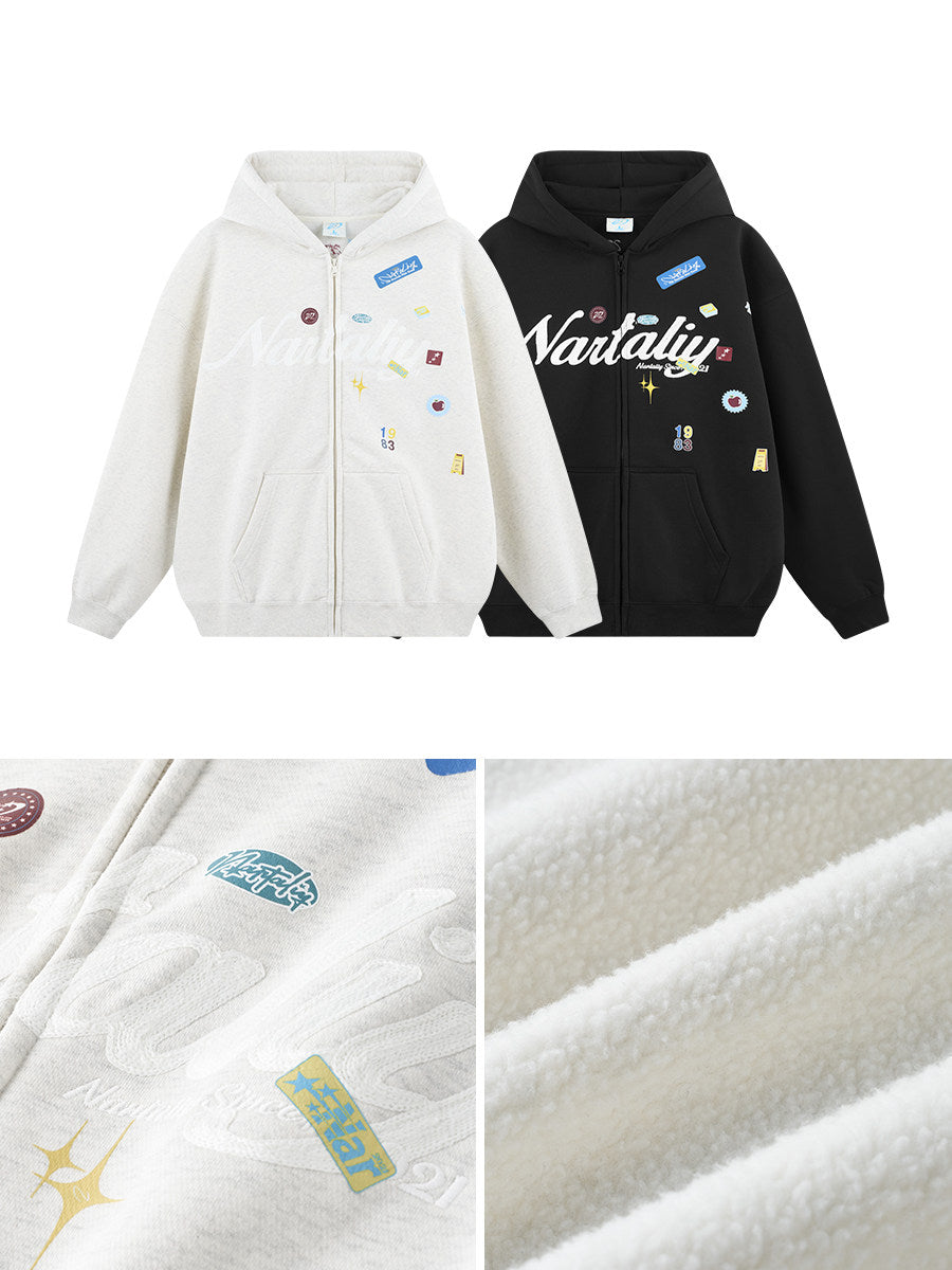 Embroidery Zip-Up Hoodie Coat - White