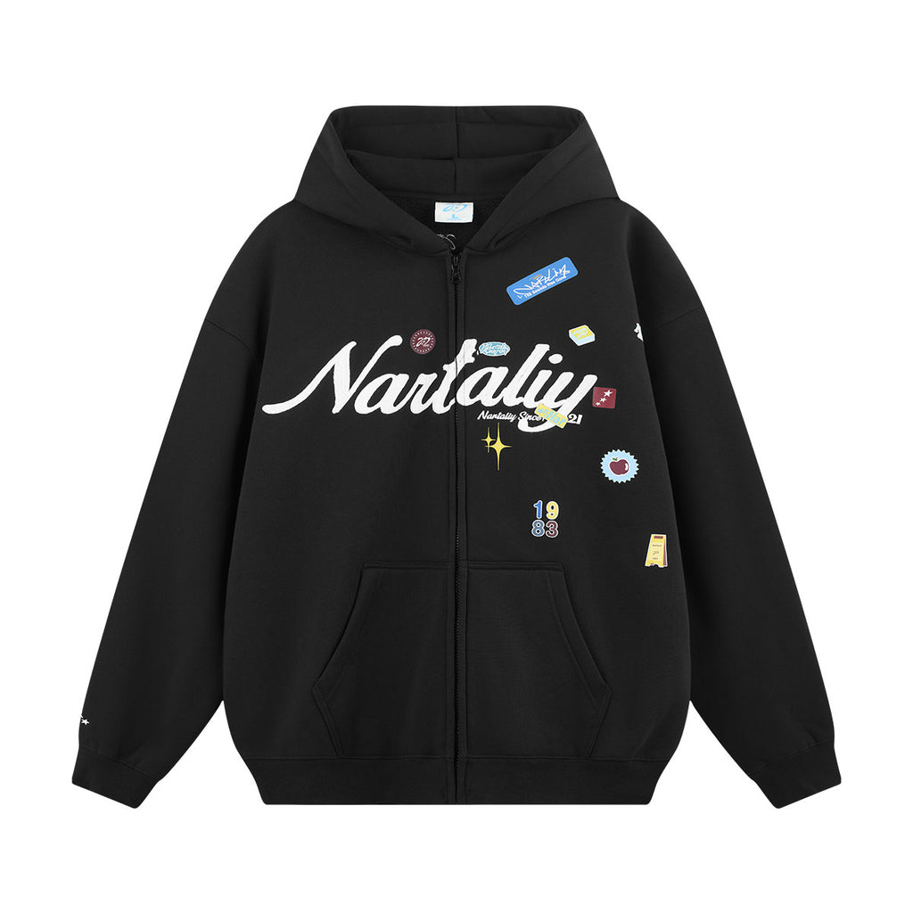Embroidery Zip-Up Hoodie Coat - Black