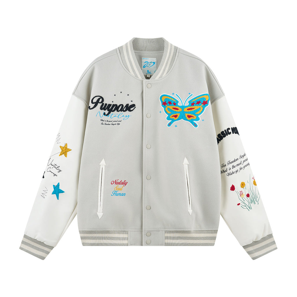 Nartaliy Butterfly Floral Embroidery Baseball Jacket - Gray