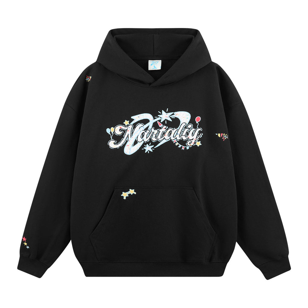 Dot Letter Applique Embroidery Hoodie - Black