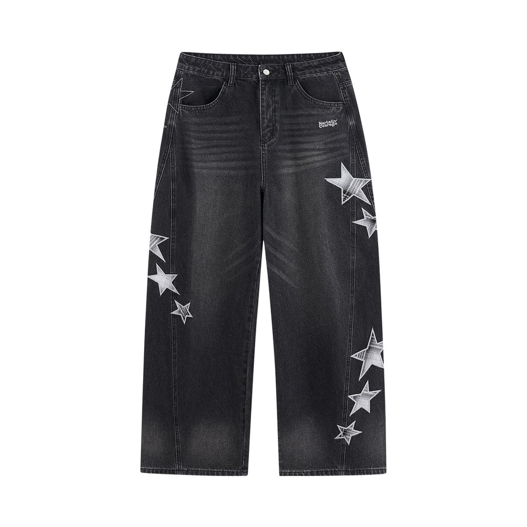 Star Patch Vintage Washed Jeans - Black