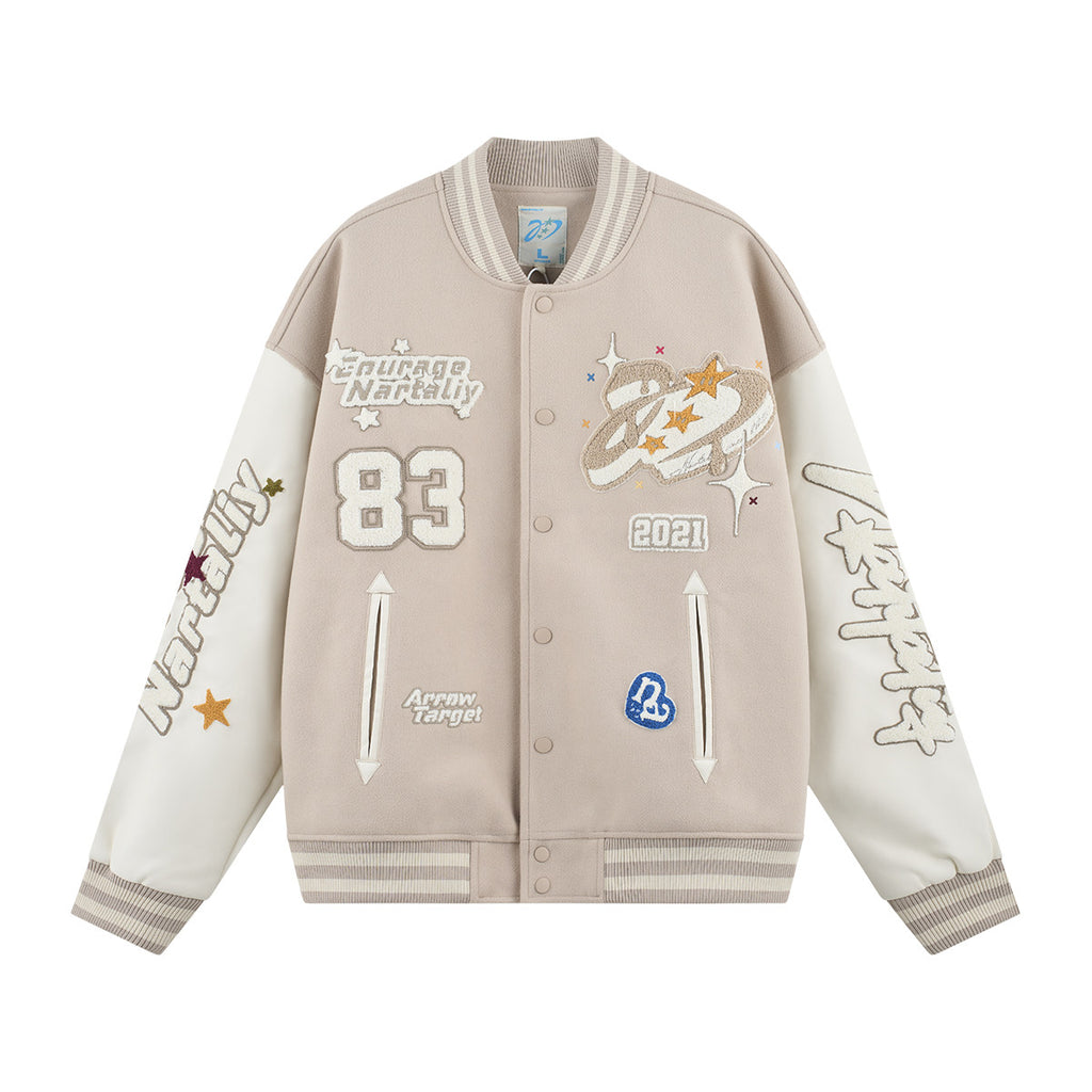 PU Embroidery Baseball Jacket - Apricot