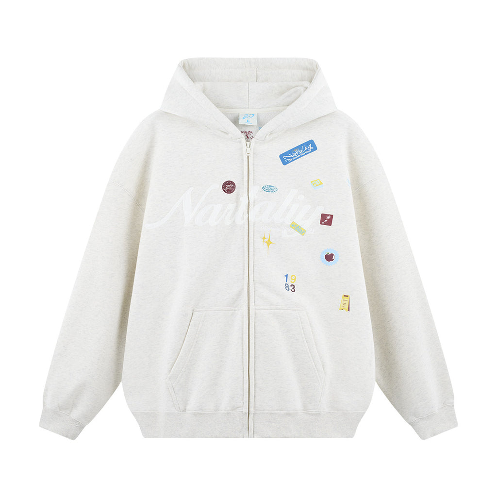 Embroidery Zip-Up Hoodie Coat - White