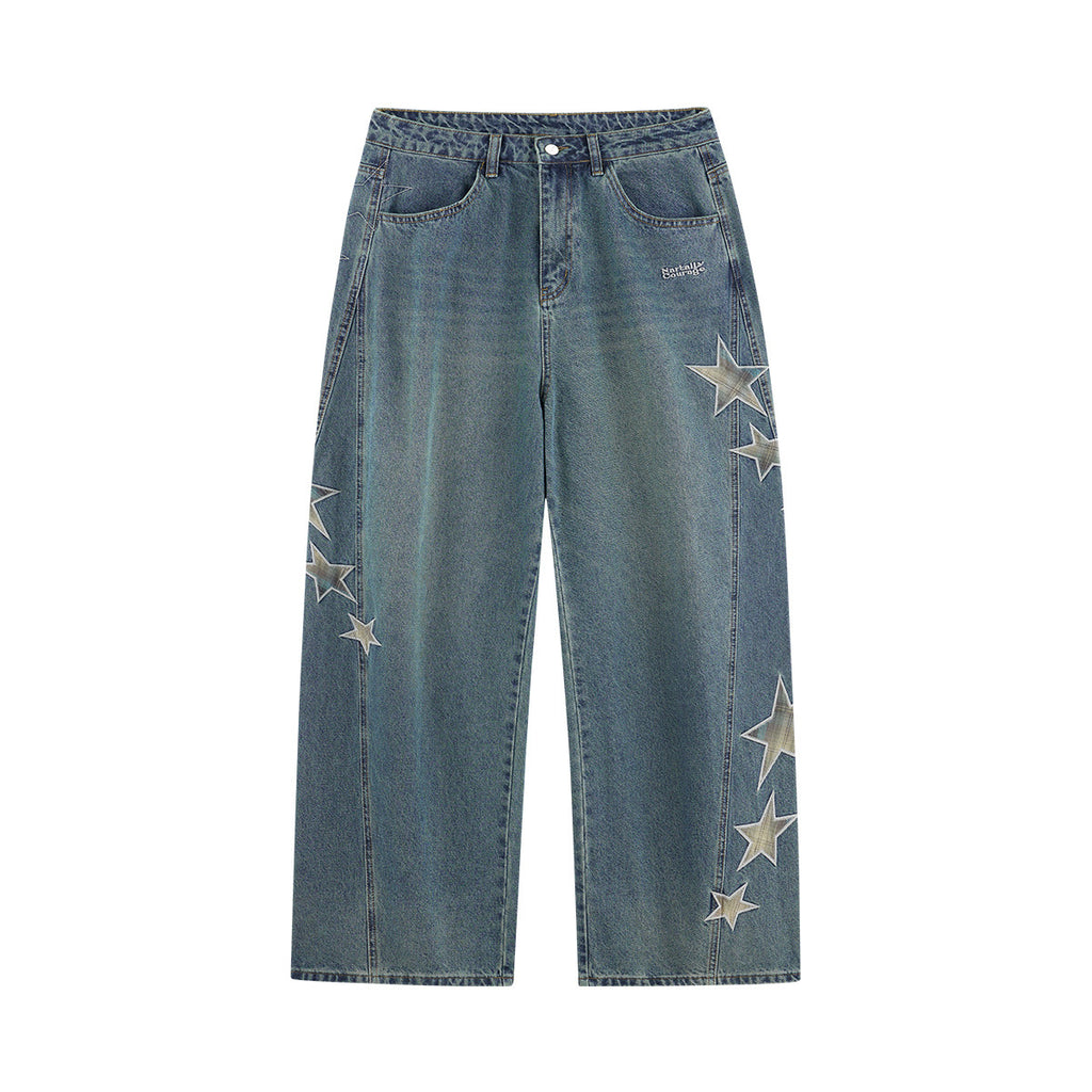 Star Patch Vintage Washed Jeans - Blue