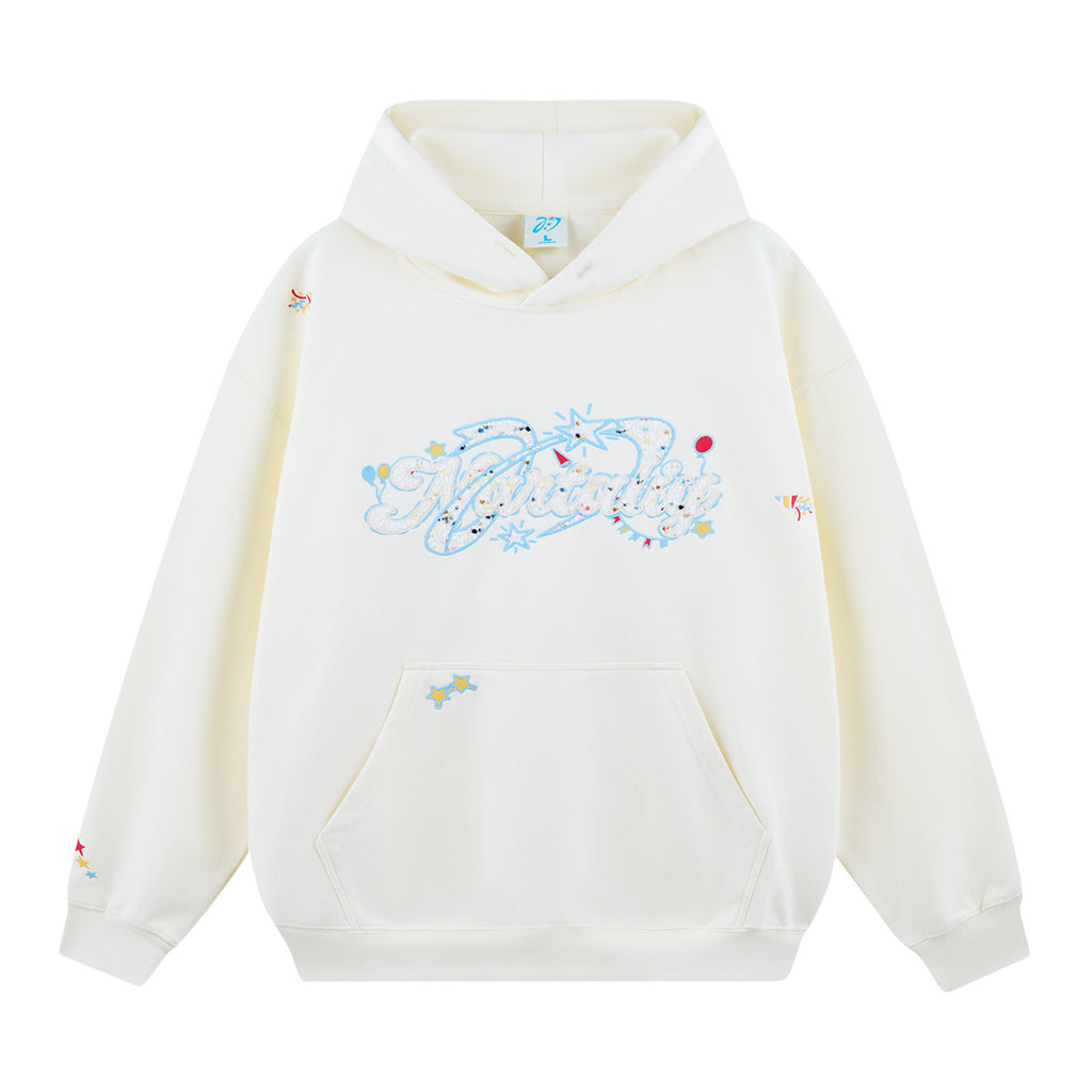 Dot Letter Applique Embroidery Hoodie - White