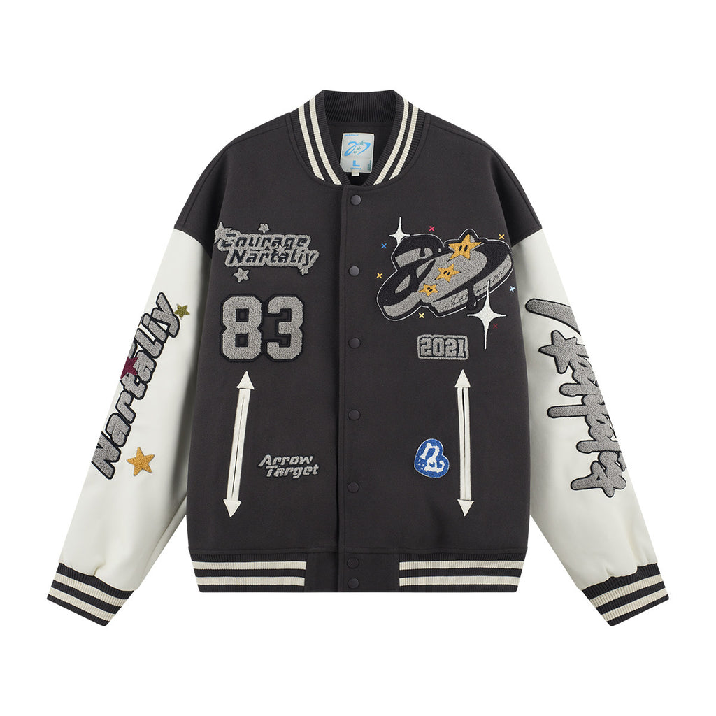 PU Embroidery Baseball Jacket - Dark Gray