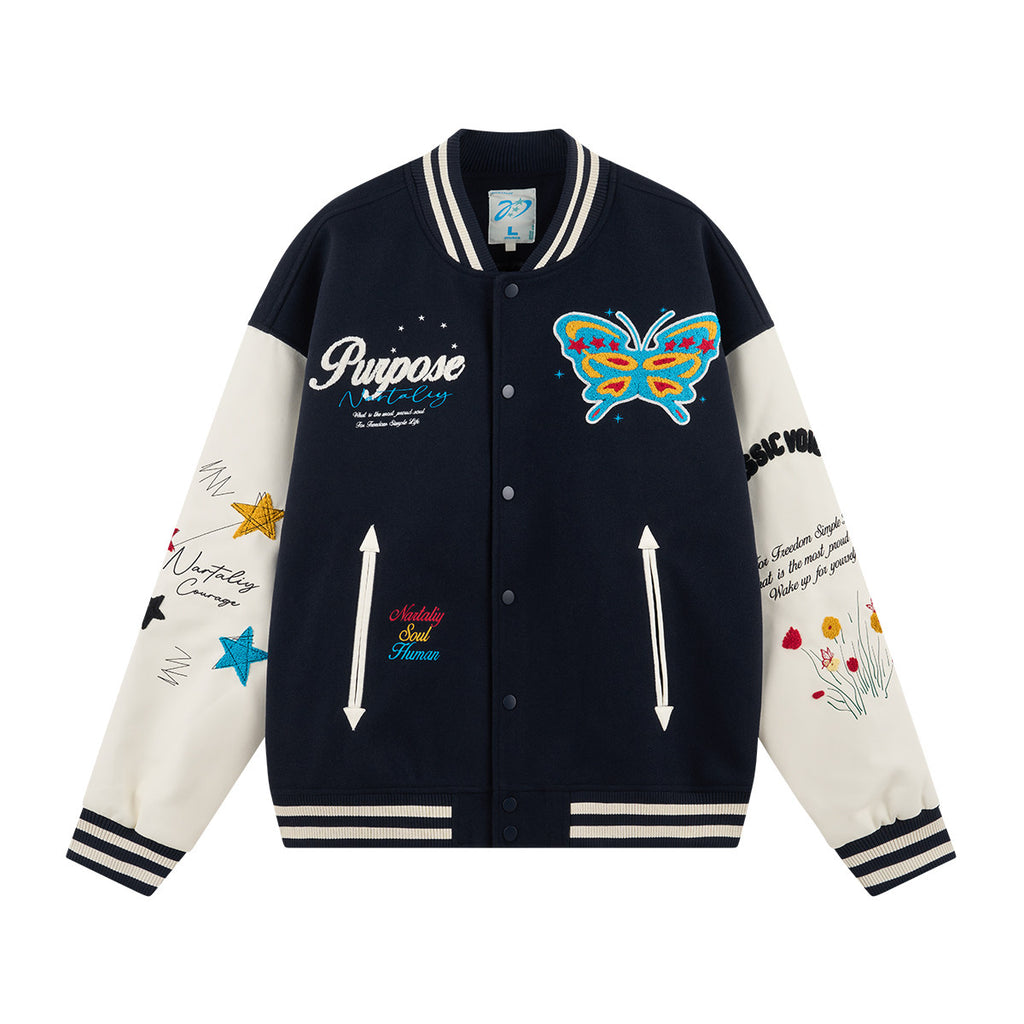 Nartaliy Butterfly Floral Embroidery Baseball Jacket - Navy