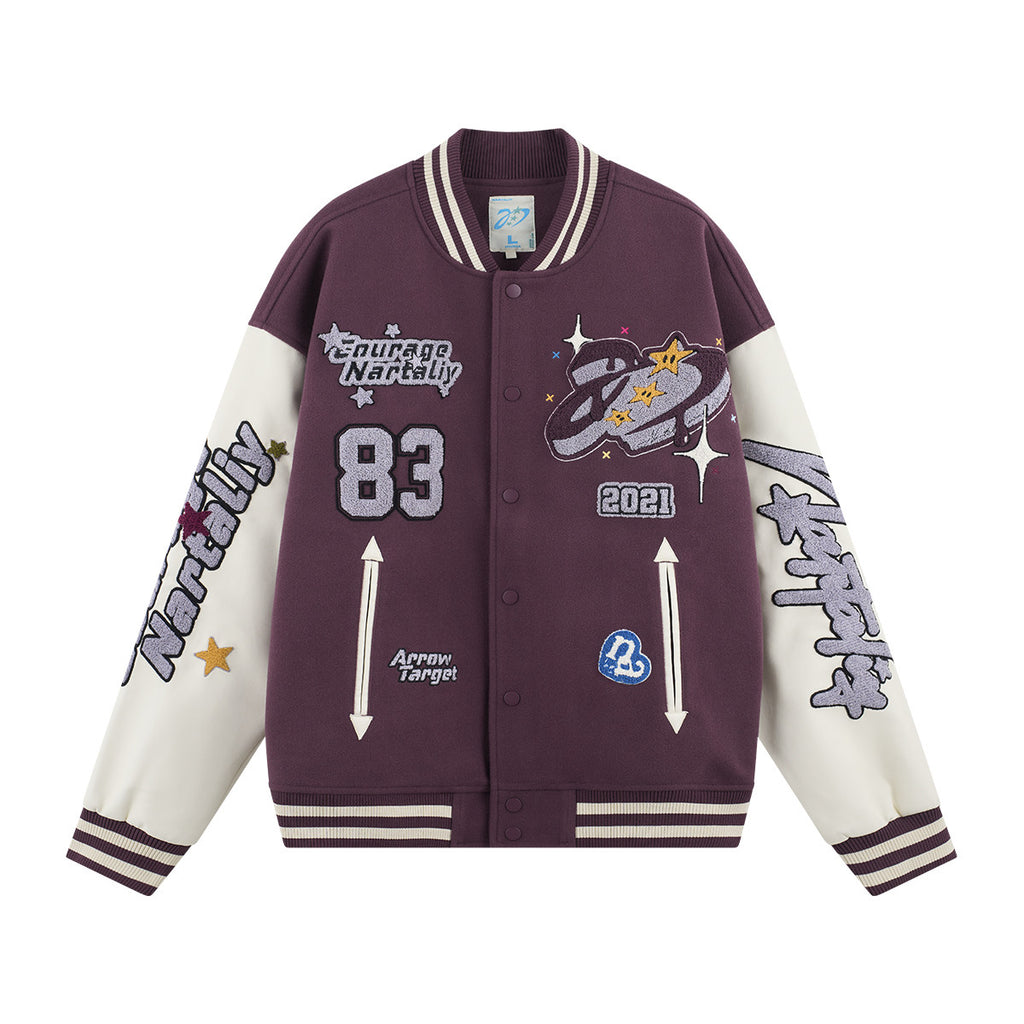 PU Embroidery Baseball Jacket - Purple