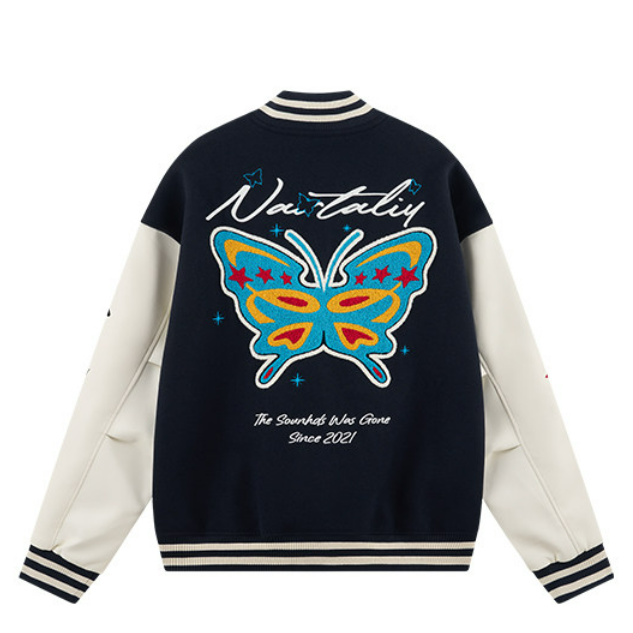 Nartaliy Butterfly Floral Embroidery Baseball Jacket - Navy