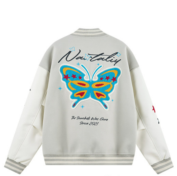 Nartaliy Butterfly Floral Embroidery Baseball Jacket - Gray