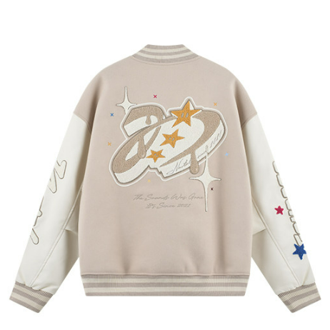 PU Embroidery Baseball Jacket - Apricot
