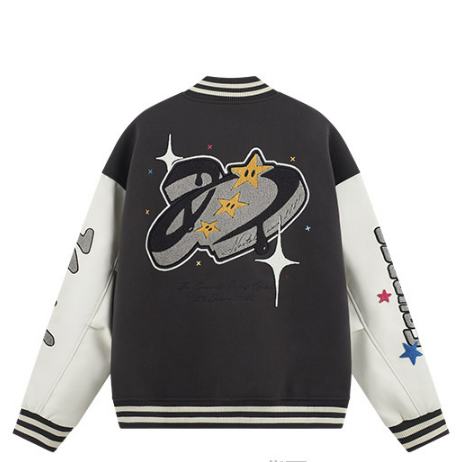 PU Embroidery Baseball Jacket - Dark Gray
