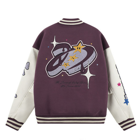 PU Embroidery Baseball Jacket - Purple